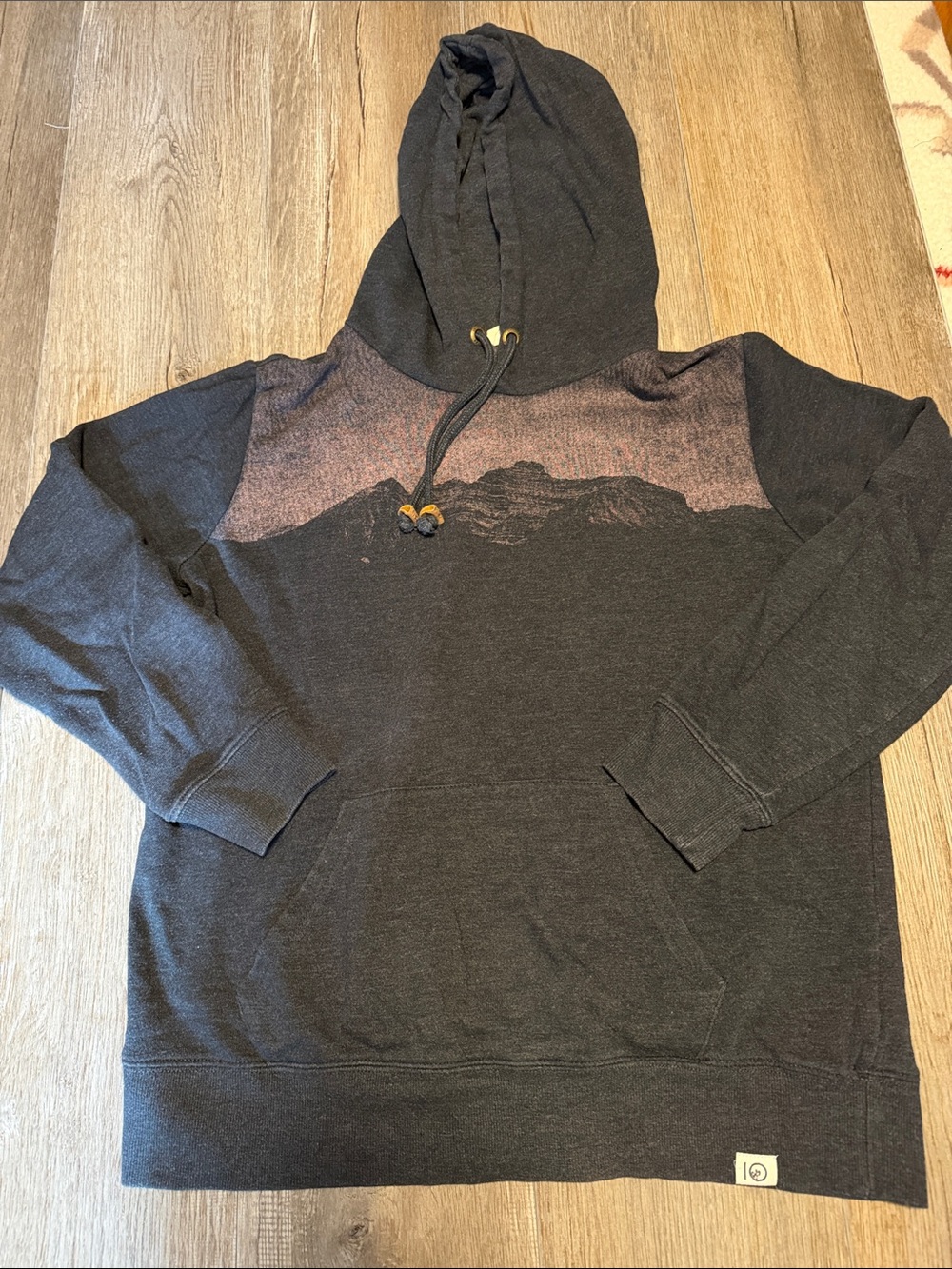 tentree Dark Charcoal Hooded Pullover Sweatshirt with Subtle Mountain Print